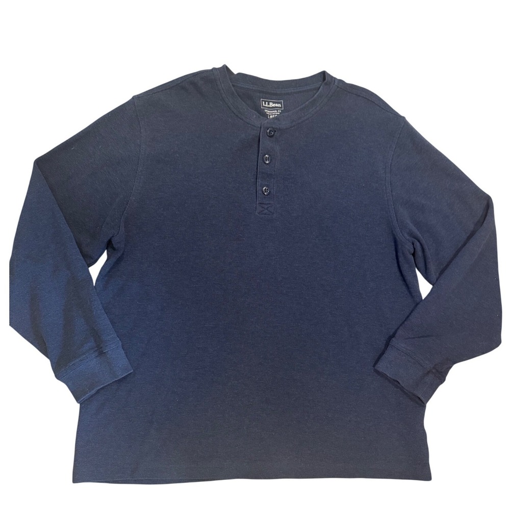 LL Bean Mens Navy Blue Waffle Knit Henley Long Sleeve Shirt Traditional Fit L